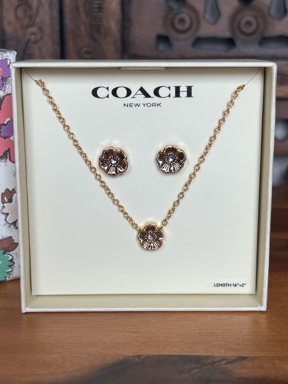 Coach Tea Rose Pendant Necklace and Earrings Gift Set - NWT/ Box - Picture 5 of 8